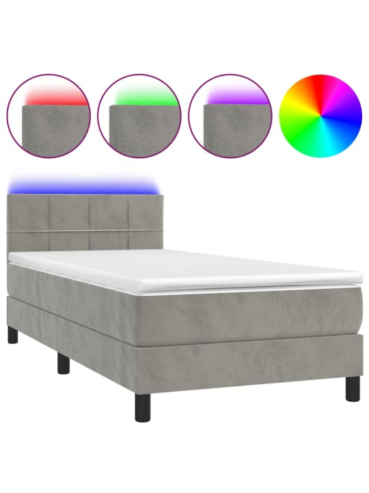 Box spring postel s matrací a LED světle šedá 100x200 cm samet