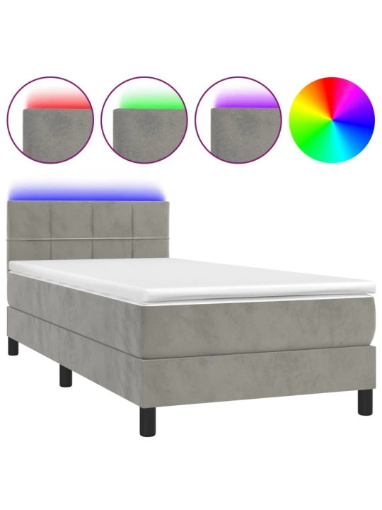 Box spring postel s matrací a LED světle šedá 100x200 cm samet
