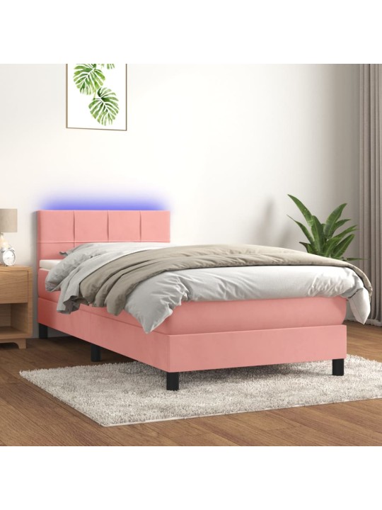 Box spring postel s matrací a LED růžová 100x200 cm samet