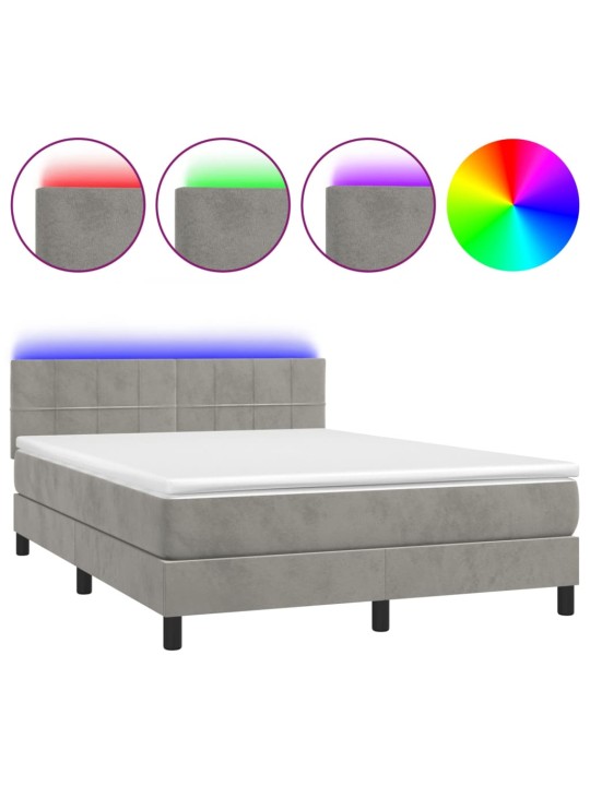 Box spring postel s matrací a LED světle šedá 140x190 cm samet