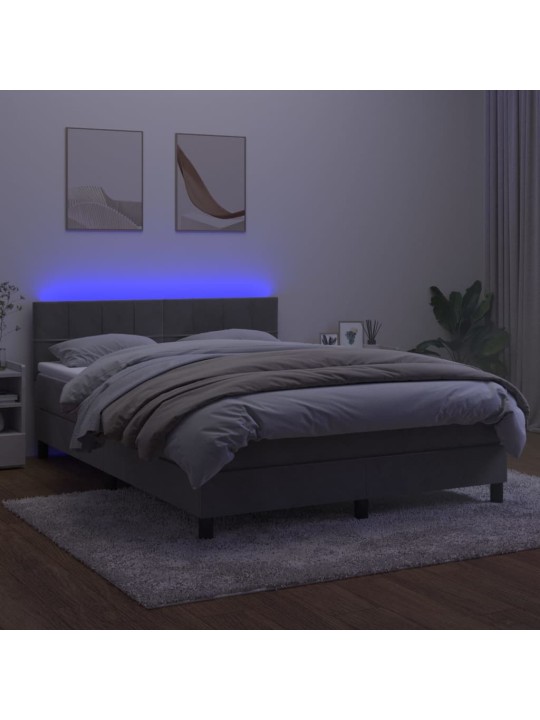 Box spring postel s matrací a LED světle šedá 140x190 cm samet