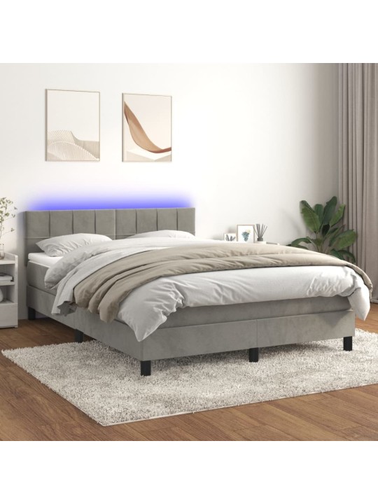 Box spring postel s matrací a LED světle šedá 140x190 cm samet