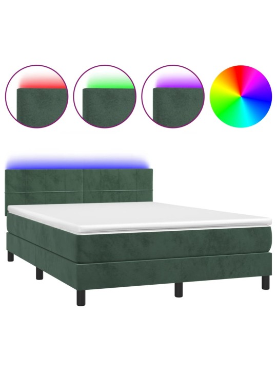 Box spring postel s matrací a LED tmavě zelená 140x200 cm samet