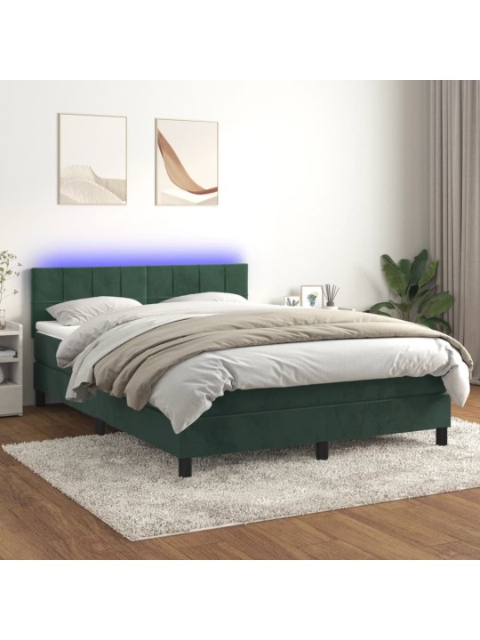 Box spring postel s matrací a LED tmavě zelená 140x200 cm samet