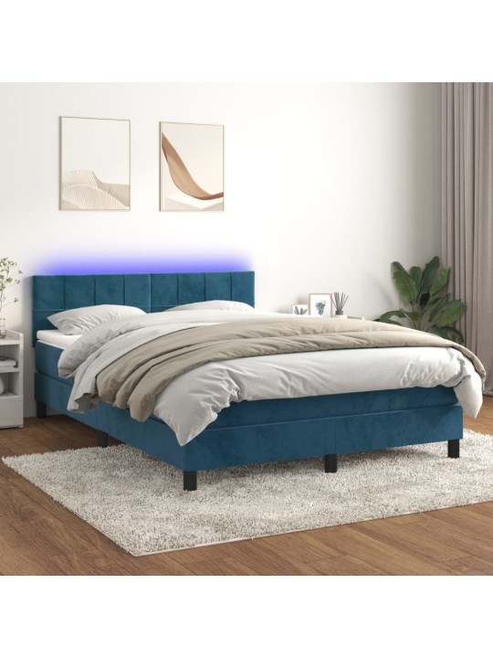 Box spring postel s matrací a LED tmavě modrá 140x200 cm samet