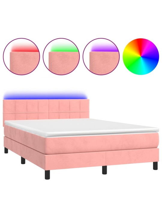Box spring postel s matrací a LED růžová 140x200 cm samet