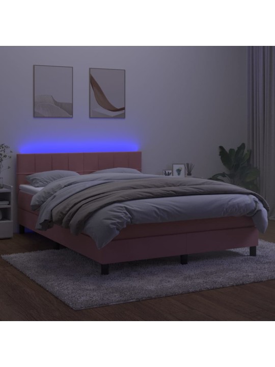 Box spring postel s matrací a LED růžová 140x200 cm samet