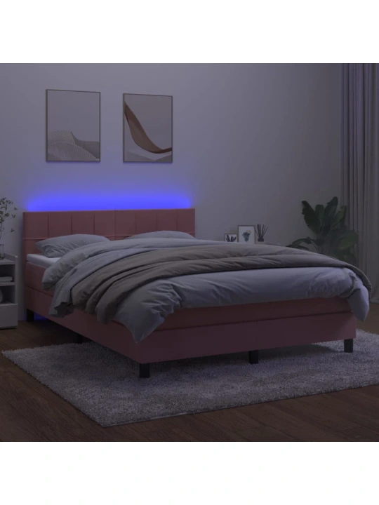 Box spring postel s matrací a LED růžová 140x200 cm samet