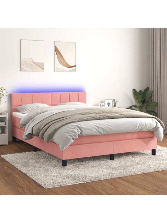 Box spring postel s matrací a LED růžová 140x200 cm samet