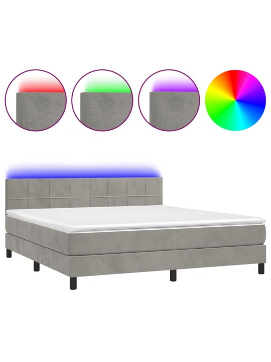 Box spring postel s matrací a LED světle šedá 160x200 cm samet