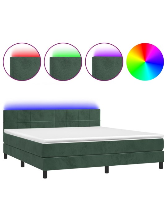 Box spring postel s matrací a LED tmavě zelená 180x200 cm samet