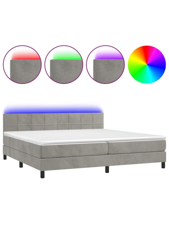 Box spring postel s matrací a LED světle šedá 200x200 cm samet