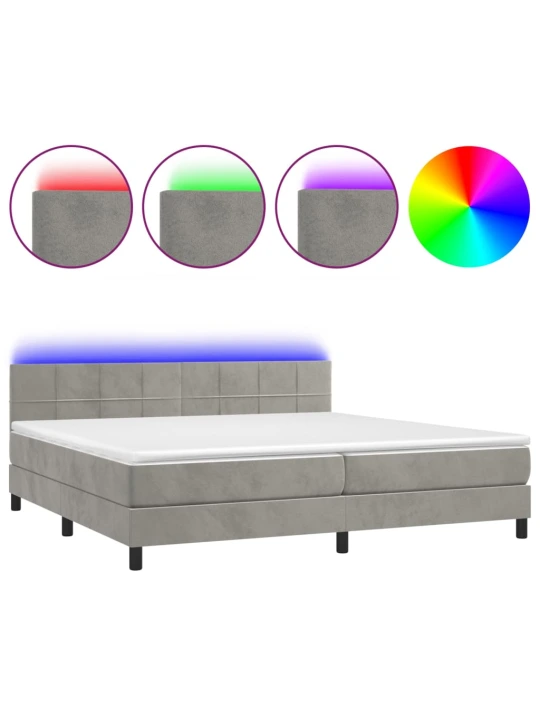 Box spring postel s matrací a LED světle šedá 200x200 cm samet