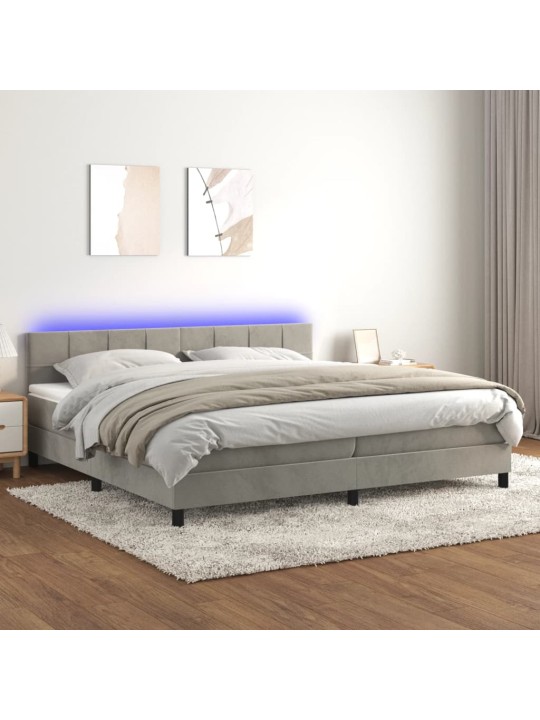 Box spring postel s matrací a LED světle šedá 200x200 cm samet