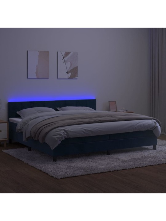 Box spring postel s matrací a LED tmavě modrá 200x200 cm samet