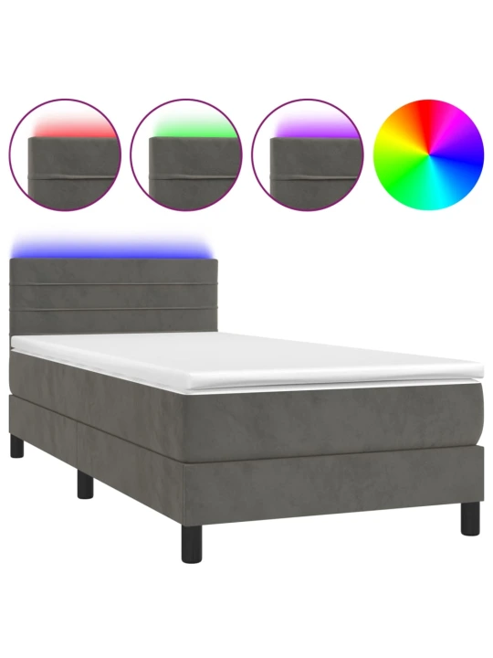 Box spring postel s matrací a LED tmavě šedá 90x190 cm samet