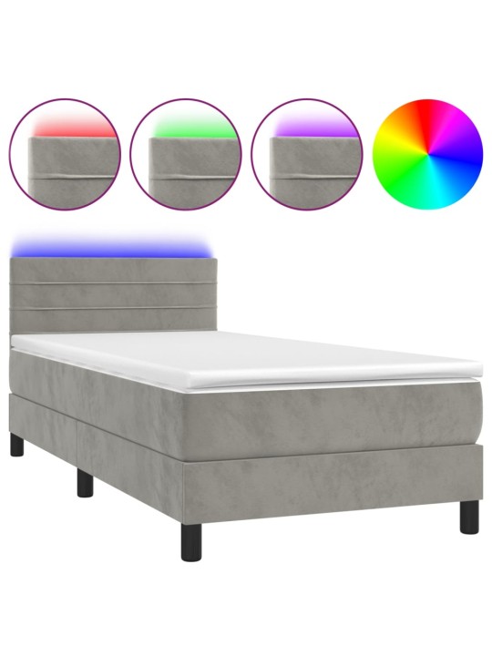 Box spring postel s matrací a LED světle šedá 100x200 cm samet
