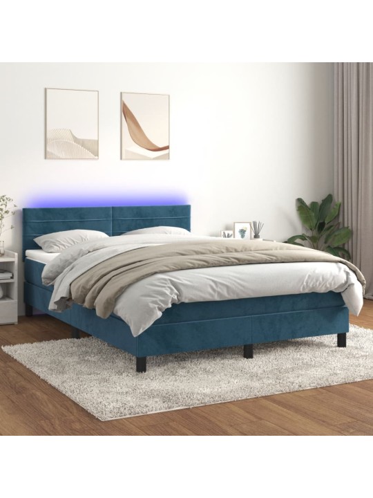 Box spring postel s matrací a led tmavě modrá 140x190 cm samet