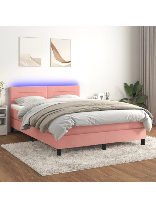 Box spring postel s matrací a LED růžová 140x190 cm samet
