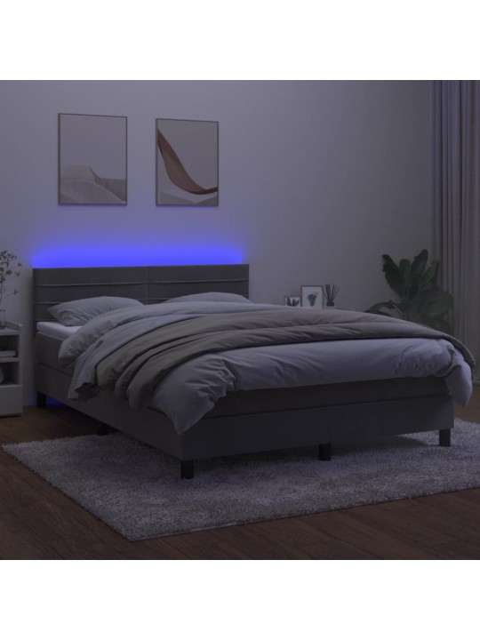 Box spring postel s matrací a LED světle šedá 140x200 cm samet