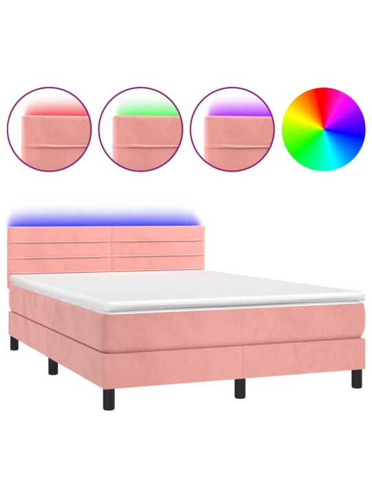 Box spring postel s matrací a LED růžová 140x200 cm samet