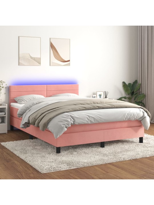 Box spring postel s matrací a LED růžová 140x200 cm samet