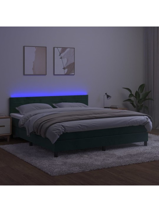 Box spring postel s matrací a led tmavě zelená 160x200 cm samet