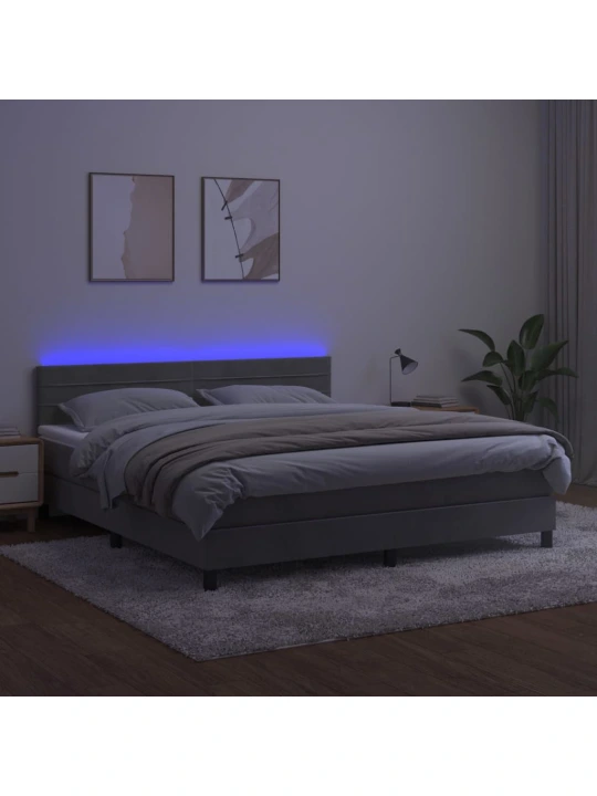 Box spring postel s matrací a LED světle šedá 180x200 cm samet