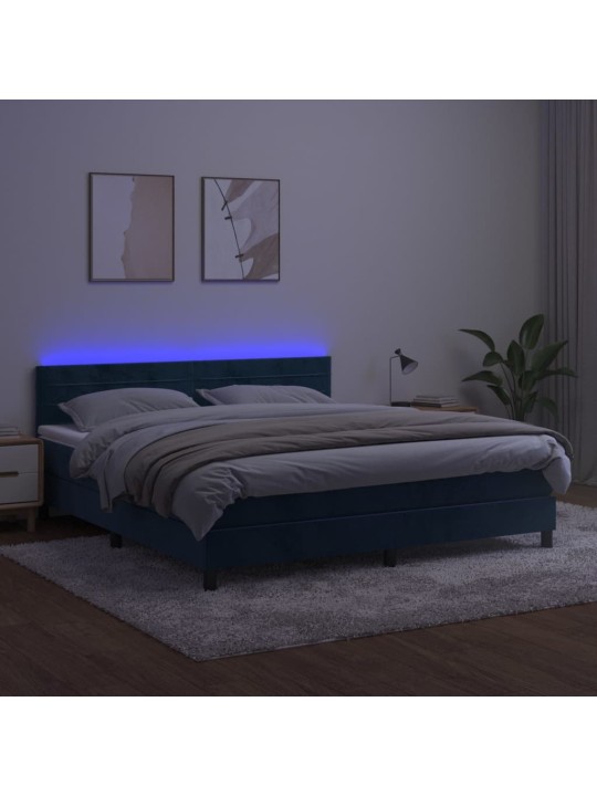 Box spring postel s matrací a LED tmavě modrá 180x200 cm samet