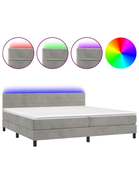 Box spring postel s matrací a LED světle šedá 200x200 cm samet