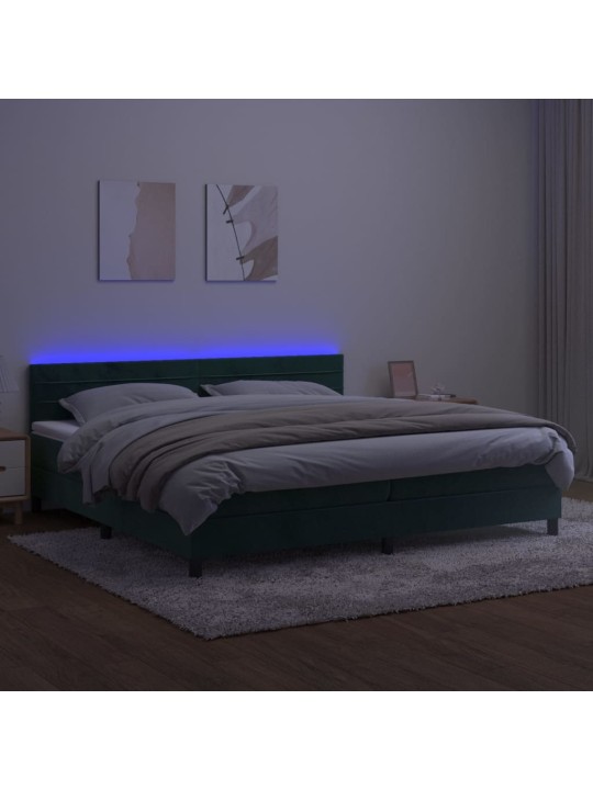 Box spring postel s matrací a led tmavě zelená 200x200 cm samet