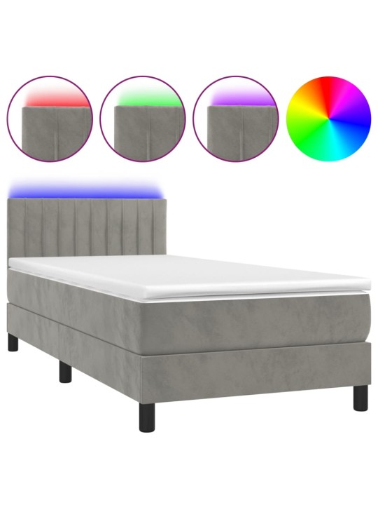 Box spring postel s matrací a LED světle šedá 90x190 cm samet