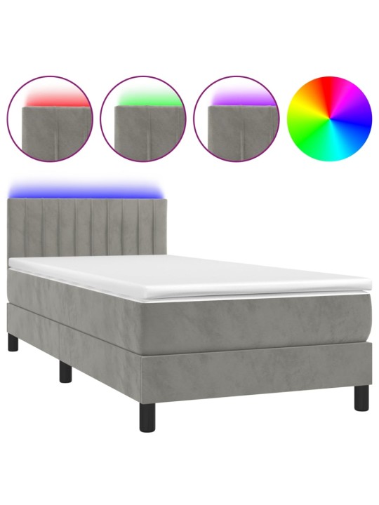 Box spring postel s matrací a LED světle šedá 100x200 cm samet