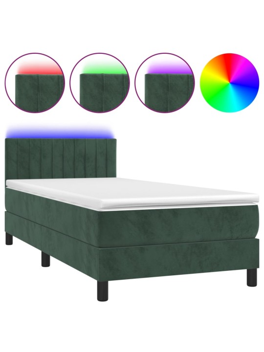 Box spring postel s matrací a LED tmavě zelená 100x200 cm samet