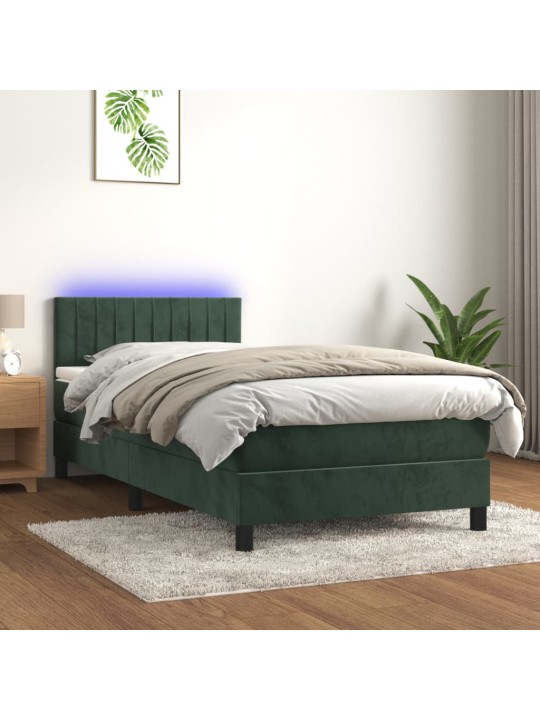 Box spring postel s matrací a LED tmavě zelená 100x200 cm samet