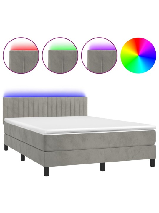 Box spring postel s matrací a LED světle šedá 140x200 cm samet