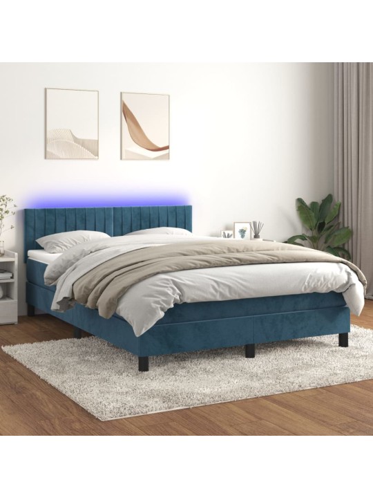 Box spring postel s matrací a LED tmavě modrá 140x200 cm samet