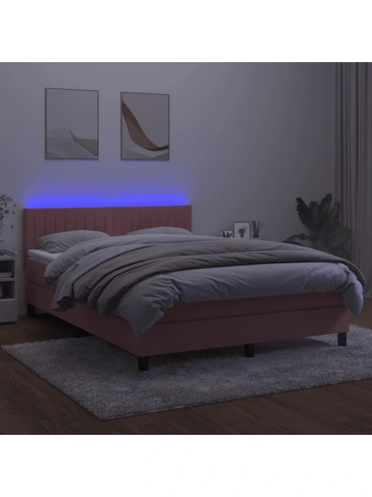 Box spring postel s matrací a led růžová 140x200 cm samet