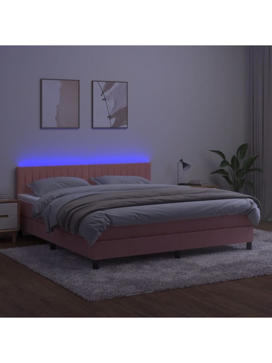 Box spring postel s matrací a LED růžová 160x200 cm samet