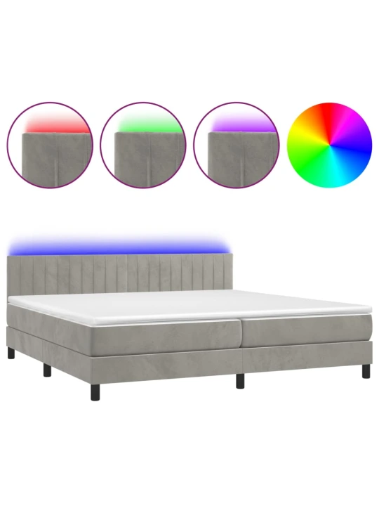 Box spring postel s matrací a LED světle šedá 200x200 cm samet