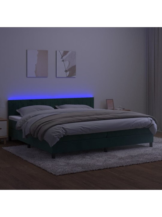 Box spring postel s matrací a led tmavě zelená 200x200 cm samet