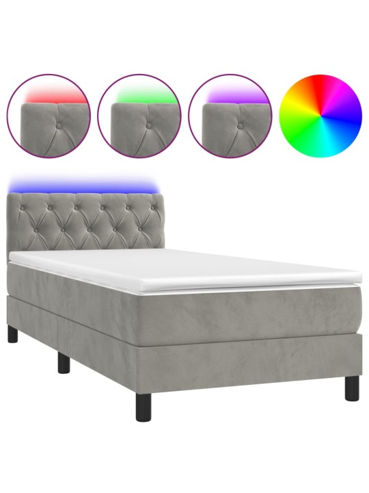 Box spring postel s matrací a LED světle šedá 80 x 200 cm samet