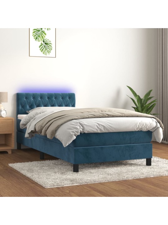 Box spring postel s matrací a led tmavě modrá 90x190 cm samet