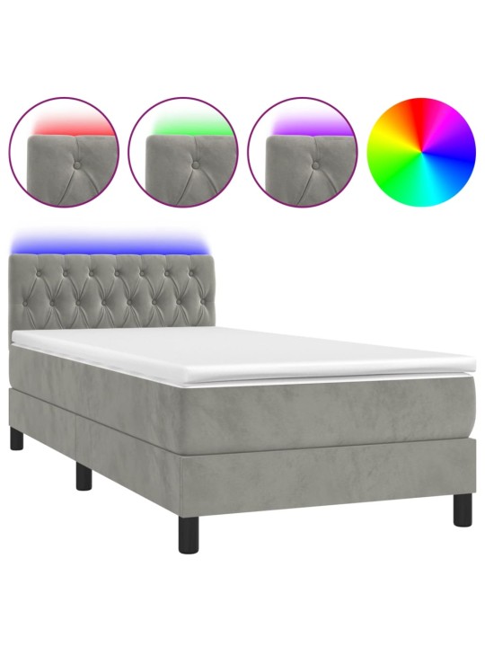 Box spring postel s matrací a led světle šedá 100x200 cm samet