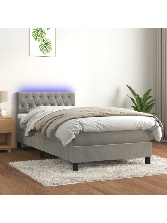 Box spring postel s matrací a led světle šedá 100x200 cm samet
