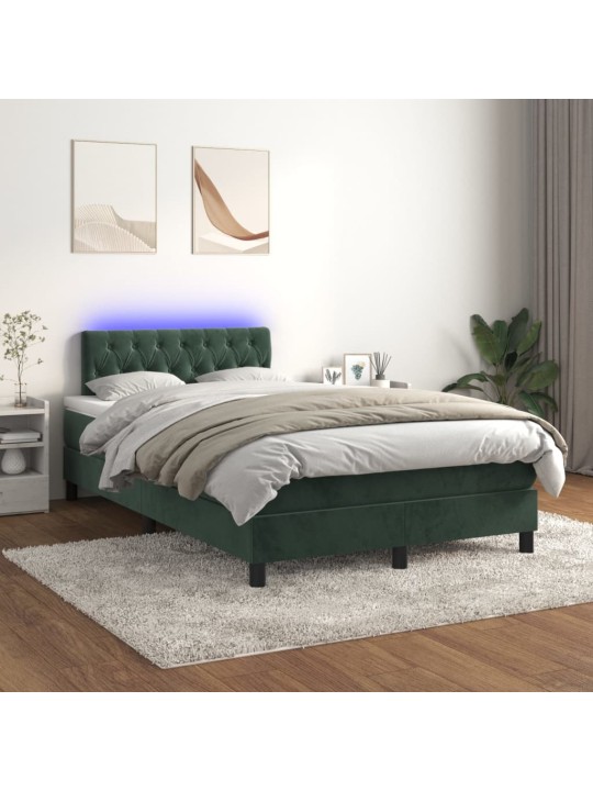 Box spring postel s matrací a led tmavě zelená 120x200 cm samet