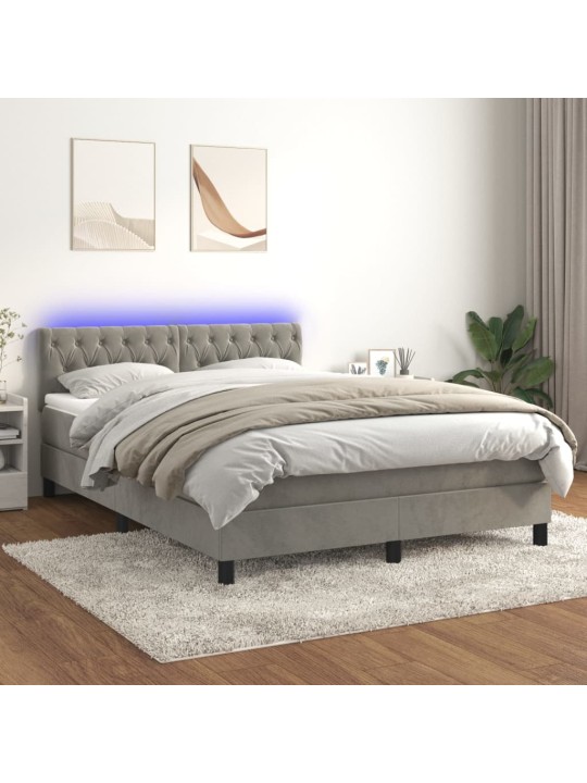 Box spring postel s matrací a led světle šedá 140x190 cm samet