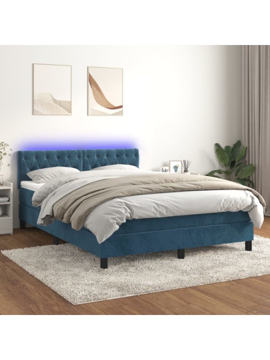 Box spring postel s matrací a led tmavě modrá 140x190 cm samet