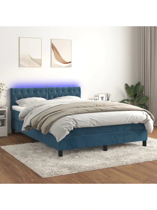 Box spring postel s matrací a led tmavě modrá 140x190 cm samet