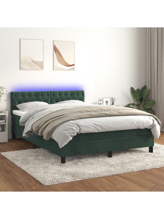 Box spring postel s matrací a led tmavě zelená 140x200 cm samet